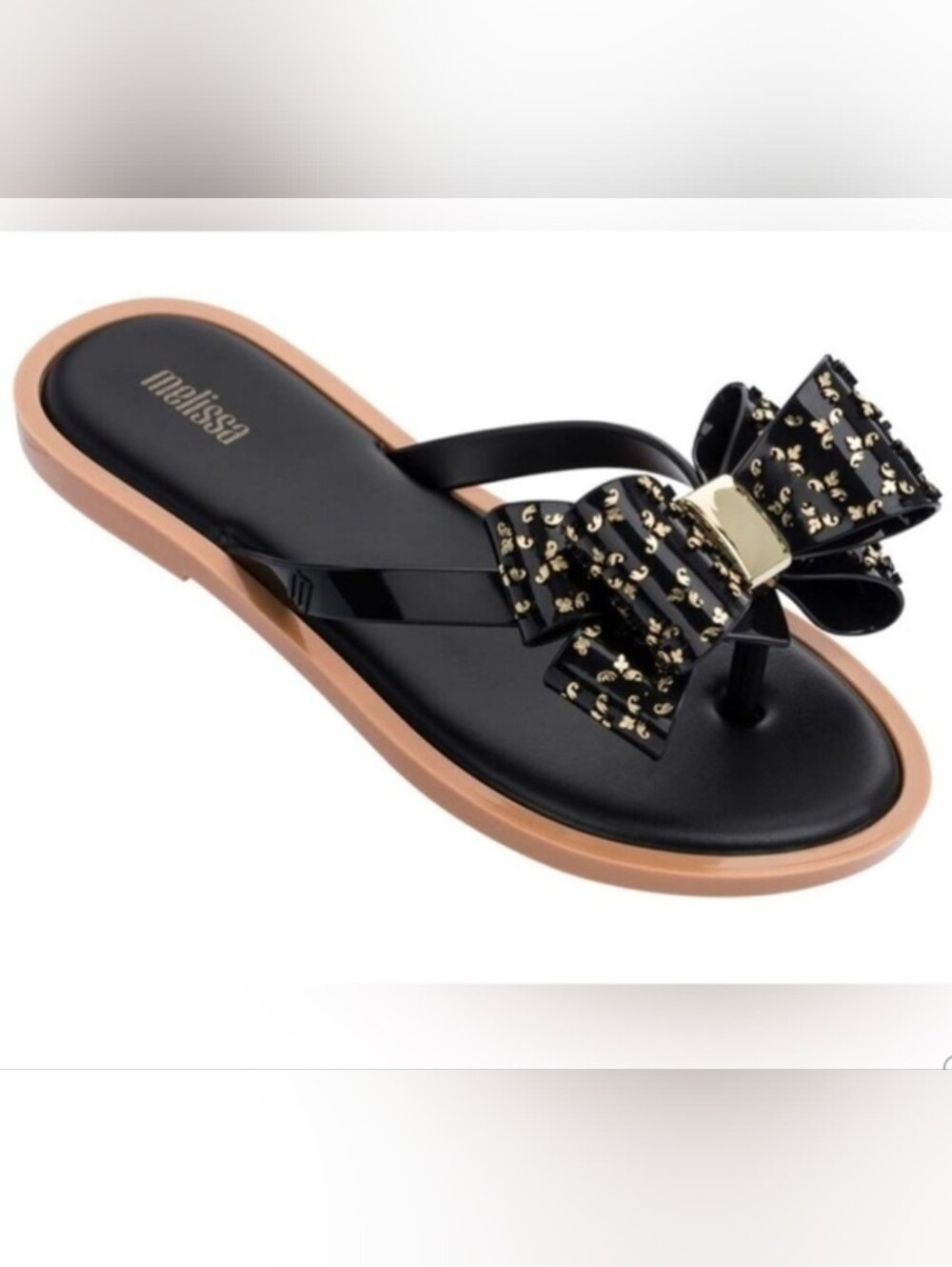 Melissa Black Bow Thong Sandals with Tan Trim